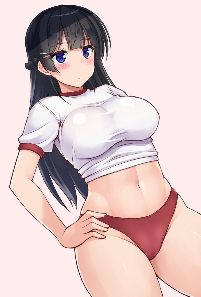 1girls belly_button big_breasts black_hair black_hair_female blush braided_hair curvaceous curvy curvy_female curvy_figure dark_hair female_only gym_uniform hair_clips hand_on_hip hormone_koijirou human human_female long_hair long_hair_female midriff navel panties purple_eyes purple_eyes_female red_panties red_tanga shirt simple_background skindentation solo solo_female sports_uniform standing stomach tagme tanga tight_clothing white_shirt wide_hips