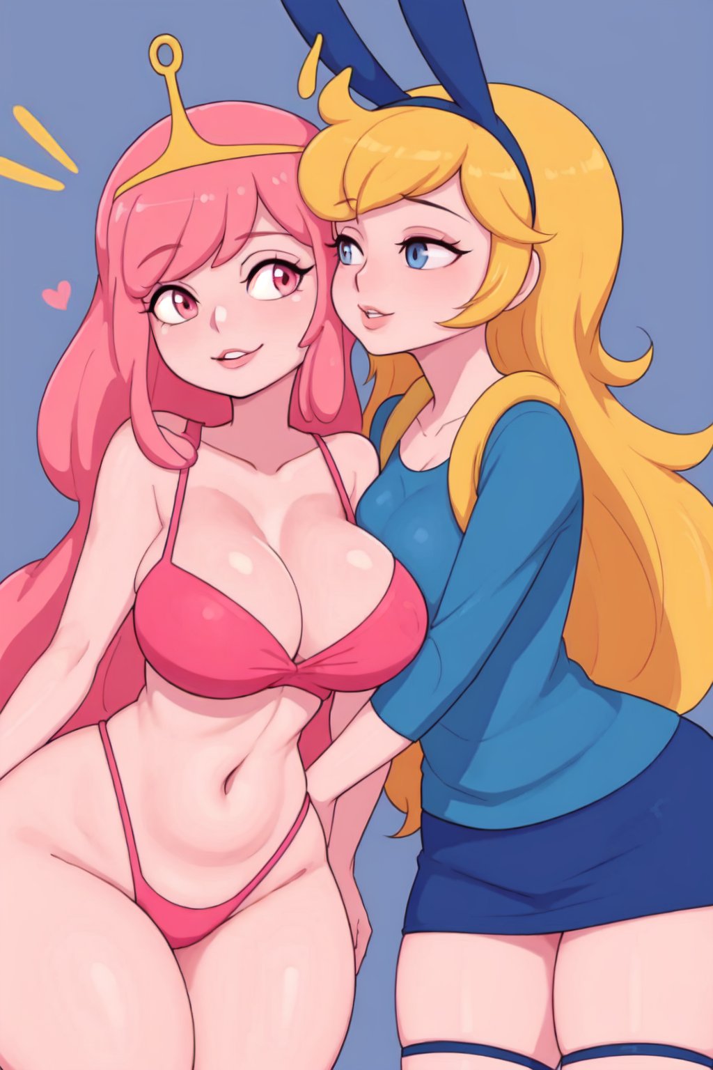 2girls, adventure time, ai generated, big breasts, blonde hair, blue eyes, breasts, cartoon network, clothed, clothing, curvy, female, female only, fionna the human girl, heart, long hair, navel, pink body, pink eyes, pink hair, pink skin, princess bubblegum, rocksolidart, smile, yuri