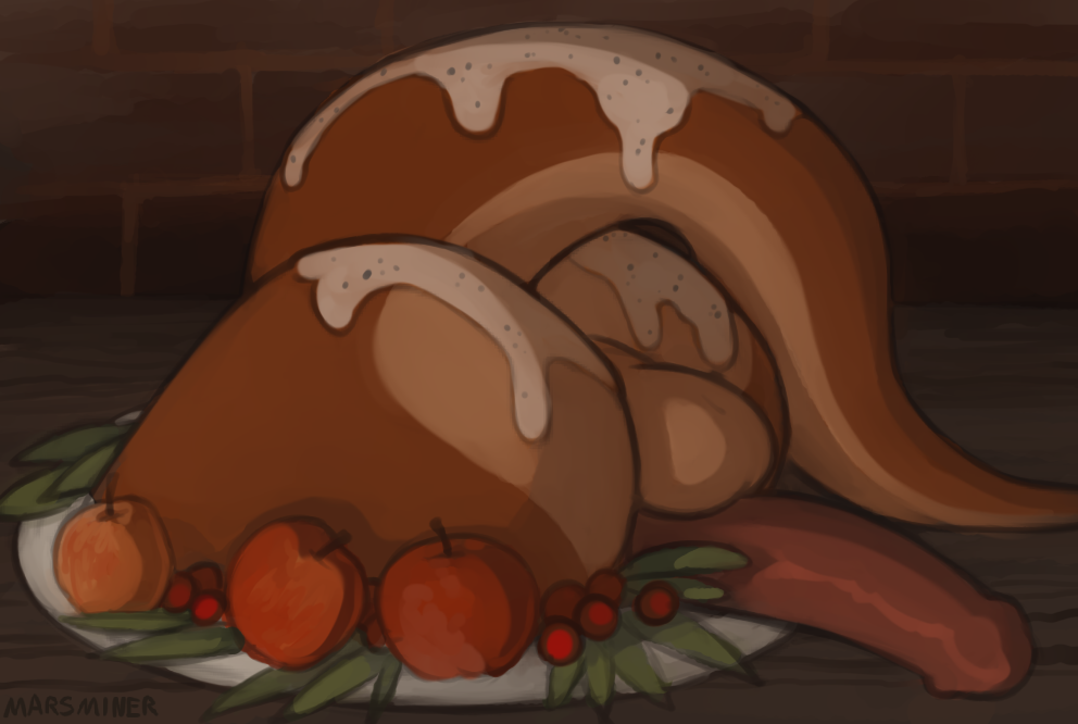 anthro ass ass_through_table food food_fetish food_play gravy holidays keith_(marsminer) male mammal marsminer mustelid otter penis solo thanksgiving