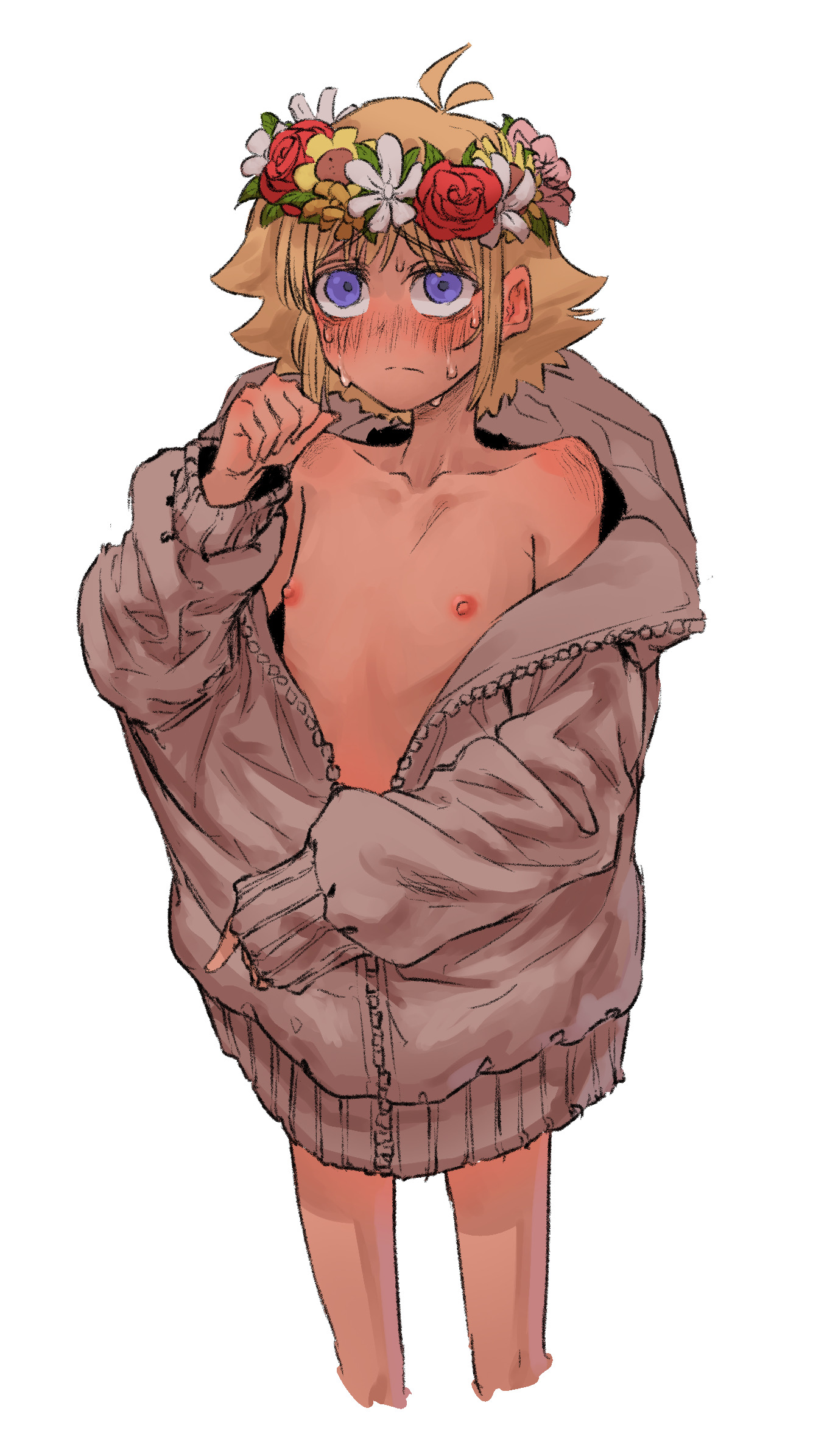 1boy, basil (omori), blonde hair, blush, blushing, boy, crying, flower crown, flower in hair, flowers, half naked, half-dressed, hoodie, hoodie only, male, male only, nipples, omori, sad face, sole male, solo, solo focus, solo male, sweat, zipper down