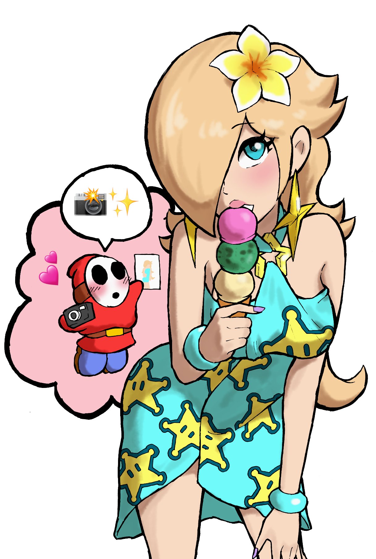 1girls bending_forward bending_over bent_over big_breasts blonde_hair blue_eyes blush camera candid cute female flower_in_hair hair_over_one_eye ice_cream mario_(series) mario_kart mario_kart_tour nintendo photo_(object) princess_rosalina shy_guy star_earrings suggestive_pose swimsuit yamino_ekakinin