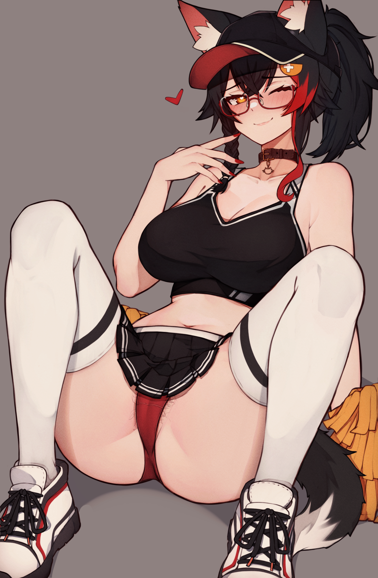 1girls, breasts, female, female only, heart, hololive, hololive gamers, hololive japan, large breasts, ookami mio, red panties, skirt, solo, tagme, upskirt, varniskarnis, virtual youtuber, wink, wolf ears, wolf girl