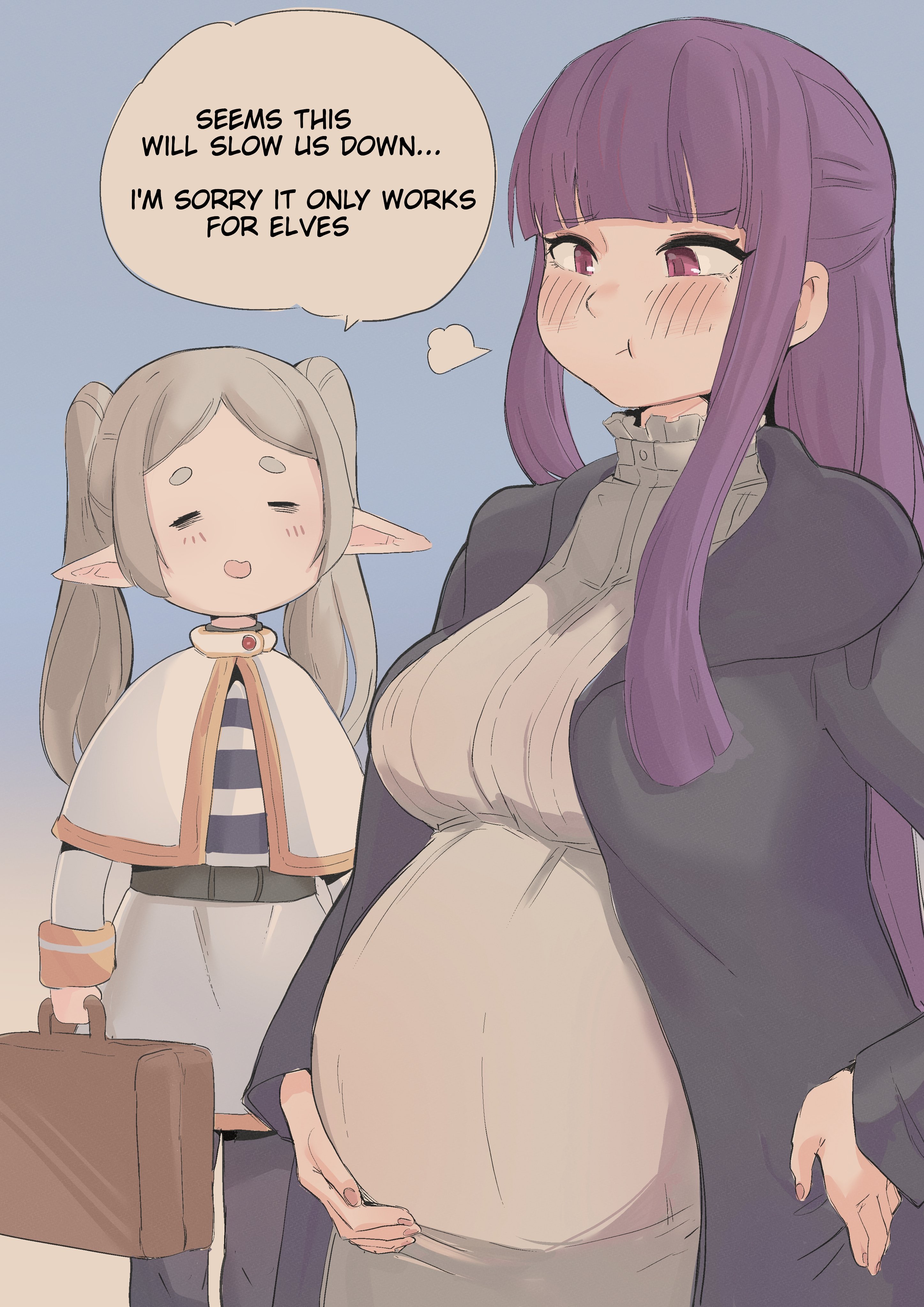 2girls, big breasts, blush, breasts, cafin, clothed, elf, english text, female, female only, fern (sousou no frieren), frieren, holding belly, long hair, multiple females, multiple girls, petite, pointy ears, pout, pregnant, sousou no frieren, text