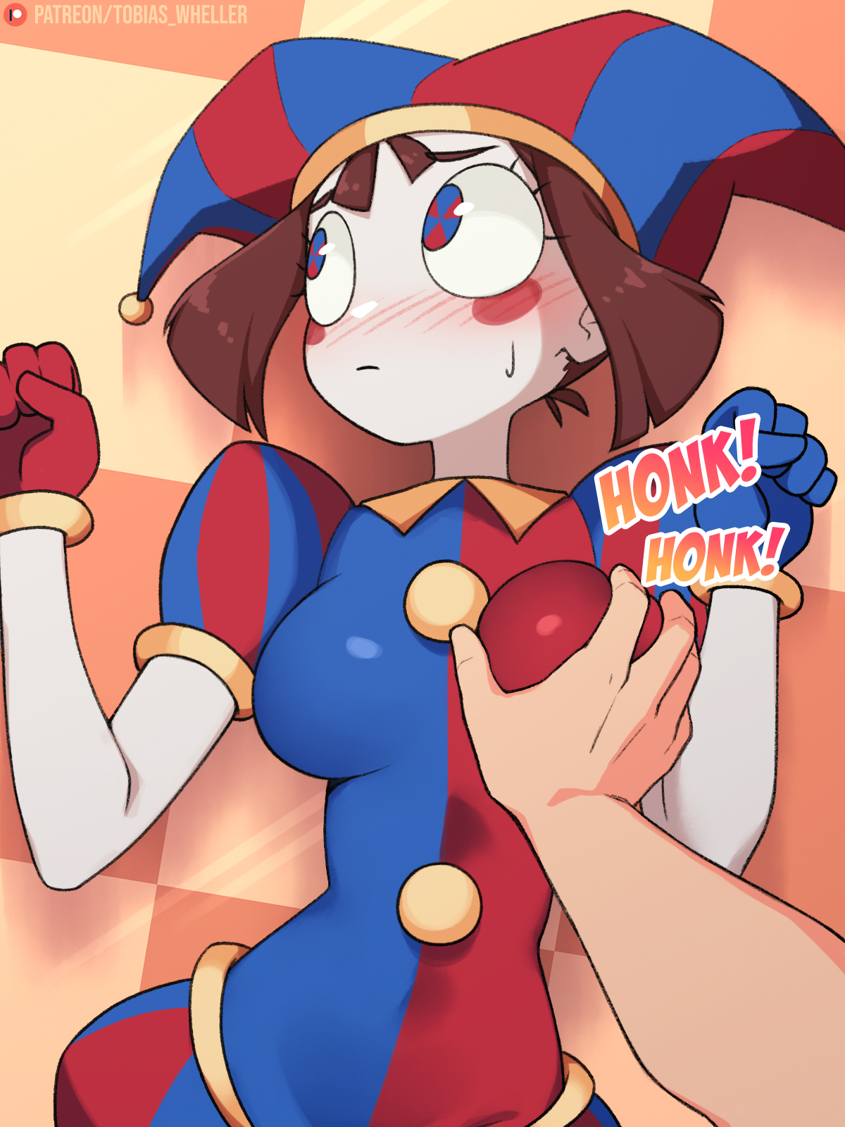 1boy, 1girls, 1other, ambiguous gender, ambiguous pov, big breasts, blue eyes, blush, blushing, boy, breast grab, breasts, brown hair, eyes, female, fully clothed, funny, glitch productions, gloves, grabbing, grabbing breasts, groping breast, jester, jester costume, jester hat, jester outfit, light skin, light-skinned female, male, multicolored eyes, onomatopoeia, open eyes, pomni (the amazing digital circus), pov, red eyes, short hair, shy, squeezing breast, sweat, tagme, text, the amazing digital circus, tits, tobias wheller, white body
