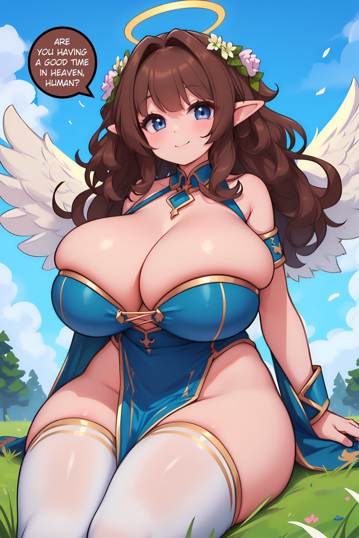 ai generated, angel, angel wings, breasts, brown hair, cleavage, doppelgänger ai, female, huge breasts, light skin, light-skinned female, looking at viewer, original, original character, pale skin, pale-skinned female, pointy ears, thick thighs, thighhighs, tight clothing