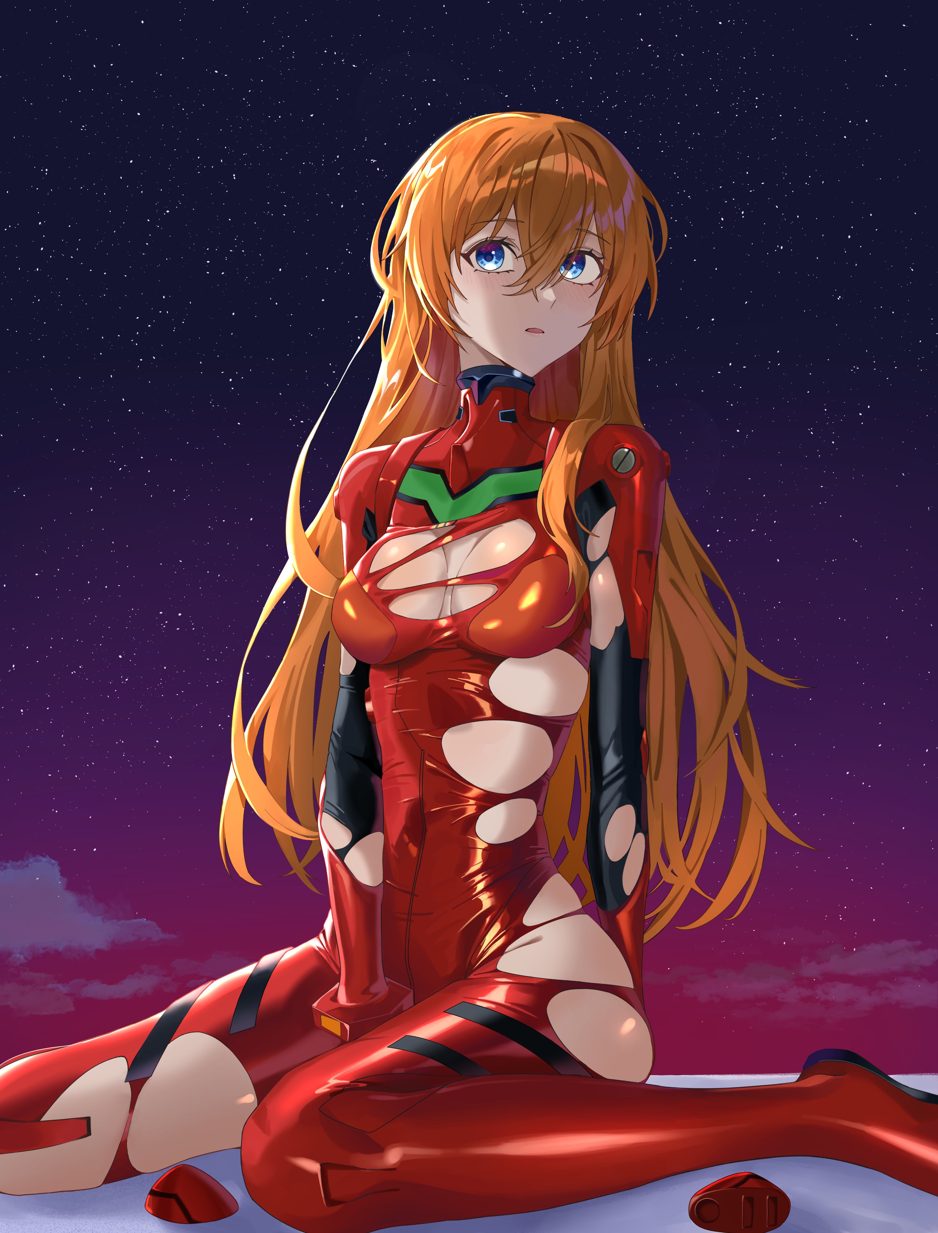 1girls, artist request, asuka langley sohryu, blue eyes, blush, bodysuit, breasts, brown hair, cleavage, curvy, e0vae, embarrassed, female, hair between eyes, hair down, highres, long hair, looking at viewer, medium breasts, neon genesis evangelion, night, night sky, no headgear, pilot suit, plugsuit, rebuild of evangelion, red bodysuit, sitting, sky, solo, thighs, torn bodysuit, torn clothes, very long hair, wide hips