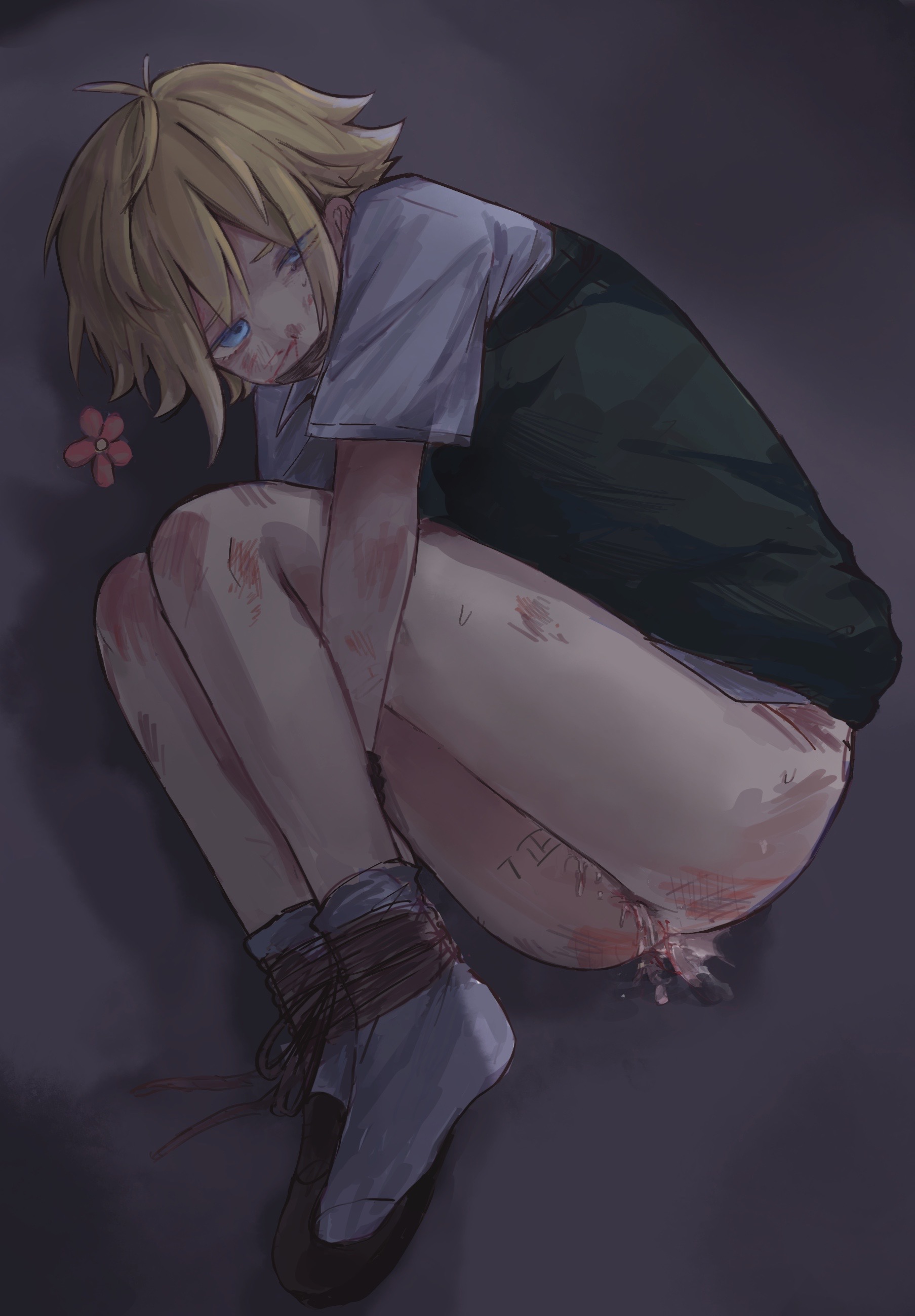 1boy, abused, after rape, after sex, basil (omori), beaten, blonde hair, blood, blue eyes, bottomless, broken rape victim, bruise, cum, cum inside, defloration, femboy, half-dressed, high-angle view, implied rape, implied sex, looking at viewer, male, markings, omori, rape, socks, solo, solo focus, tied up, twink