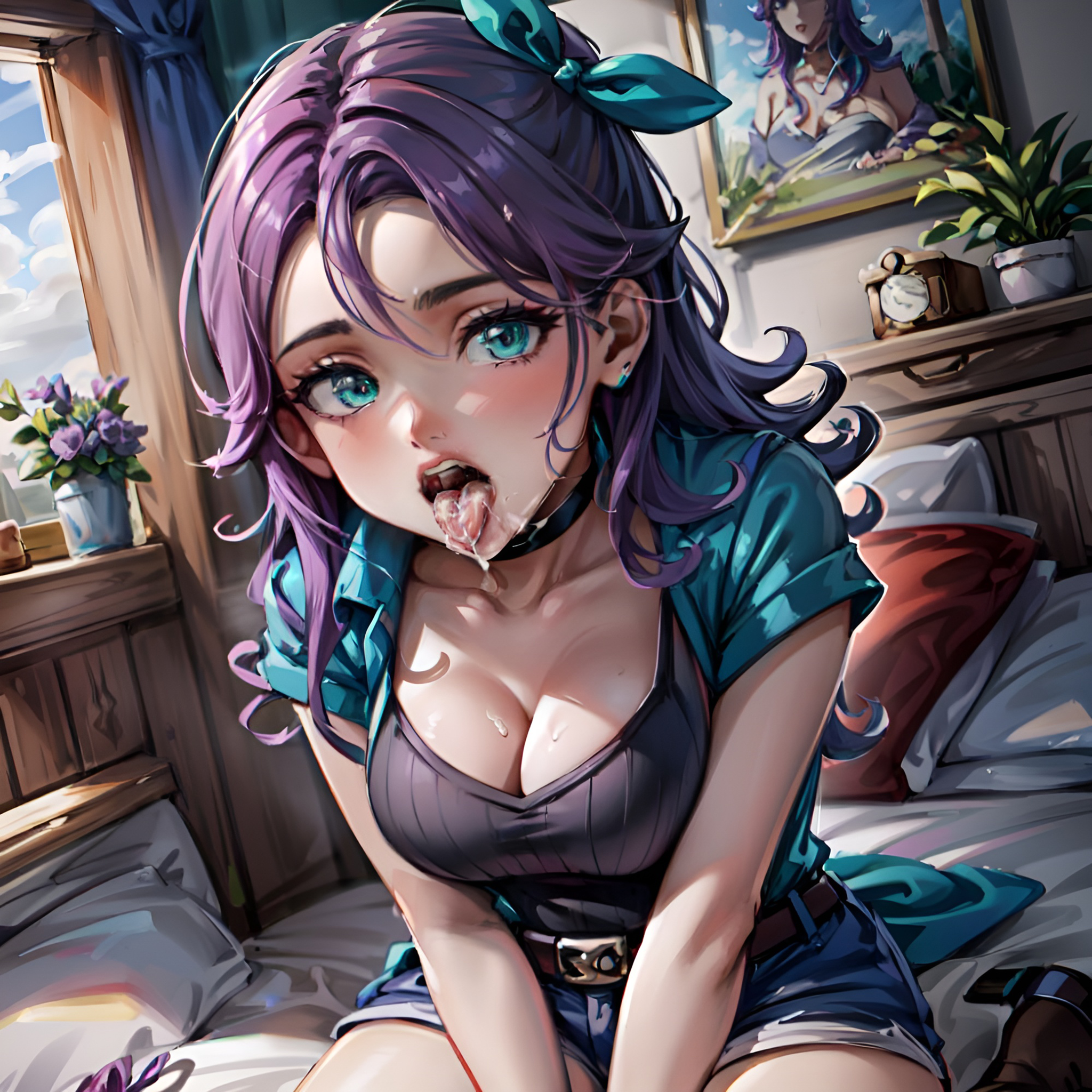 1girls, abigail (stardew valley), after fellatio, after oral, ai generated, aqua eyes, arbitrary, breasts, choker, cleavage, cum, cum in mouth, cum on breasts, female, hair ribbon, hi res, large breasts, open mouth, oral creampie, purple hair, stable diffusion, stardew valley, tongue, tongue out