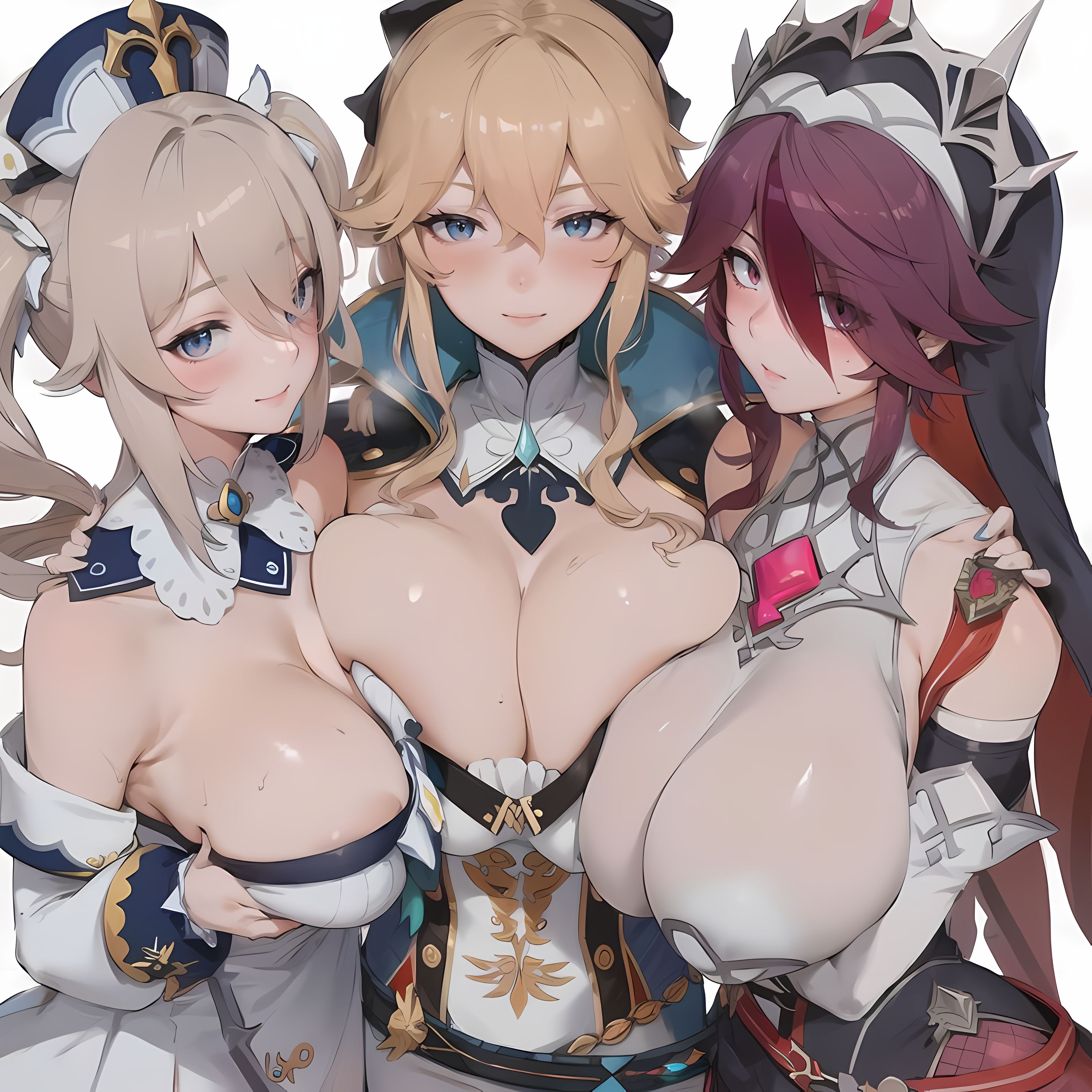 3girls, ai generated, barbara (genshin impact), blonde hair, breasts, busty, female, genshin impact, huge breasts, jean gunnhildr, looking at viewer, nai diffusion, nun, ponytail, purple hair, rosaria (genshin impact), twintails