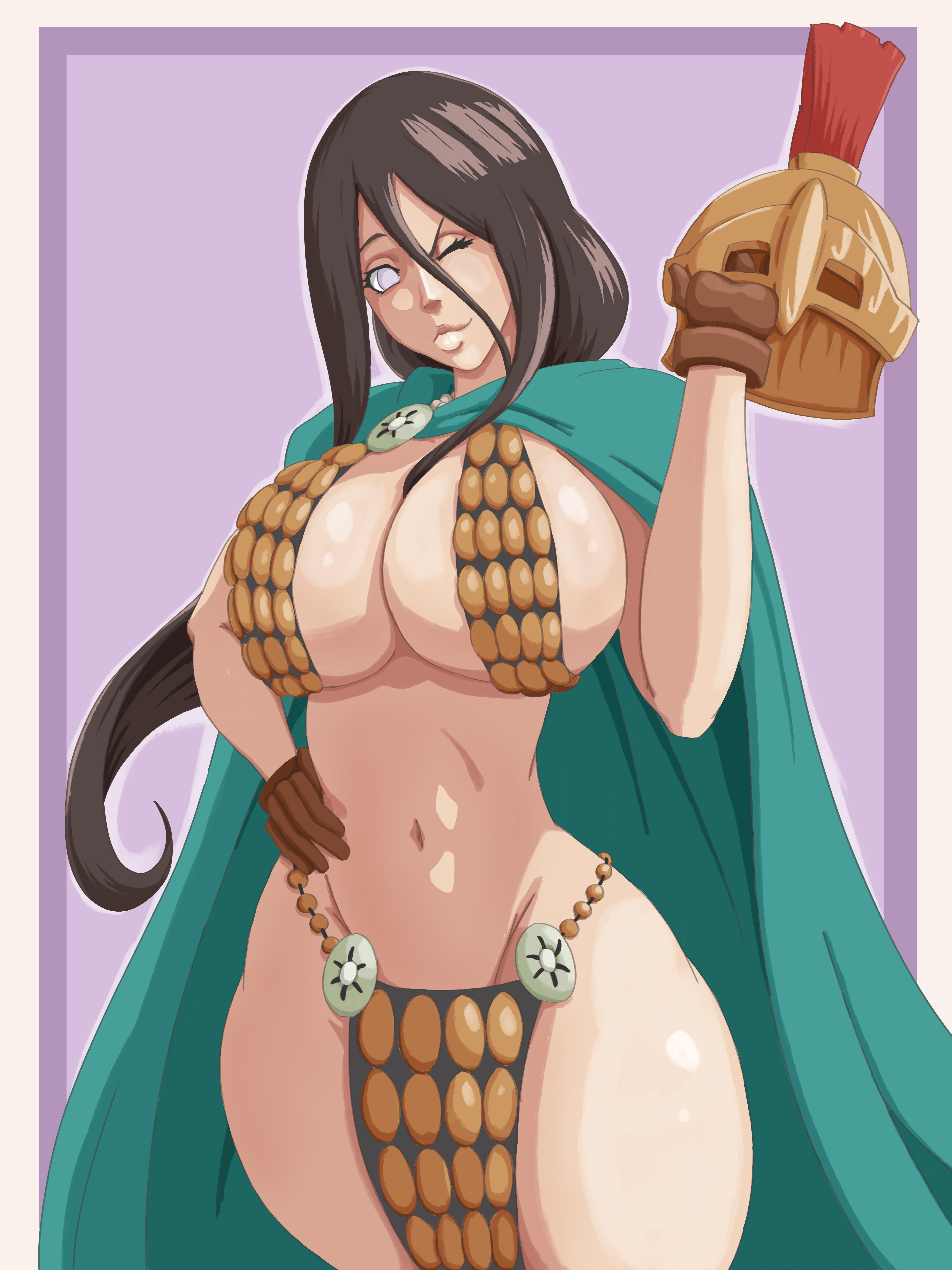1girls, 3:4, armor, big breasts, black hair, boruto: naruto next generations, breasts, cape, cleavage, cosplay, female, female only, hair, hand on hip, helmet, hips, hourglass figure, huge breasts, hyuuga hanabi, large breasts, lips, mature, mature female, naruto, naruto (series), one eye closed, one piece, pelvic curtain, purple eyes, rebecca (one piece) (cosplay), skimpy, skimpy armor, solo, solo female, thick thighs, thighs, wanderagro893, wide hips, wink, winking