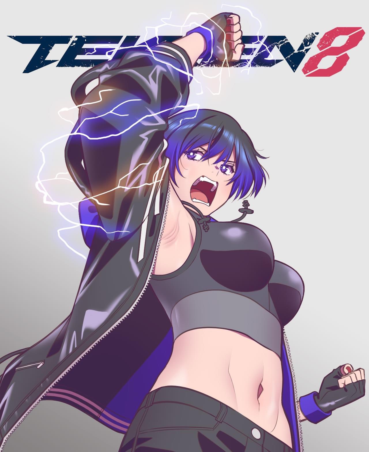 1girls belly_button big_breasts female female_only low-angle_view midriff namco navel reina_mishima short_hair short_pants shorts tekken tekken_8 tomboy