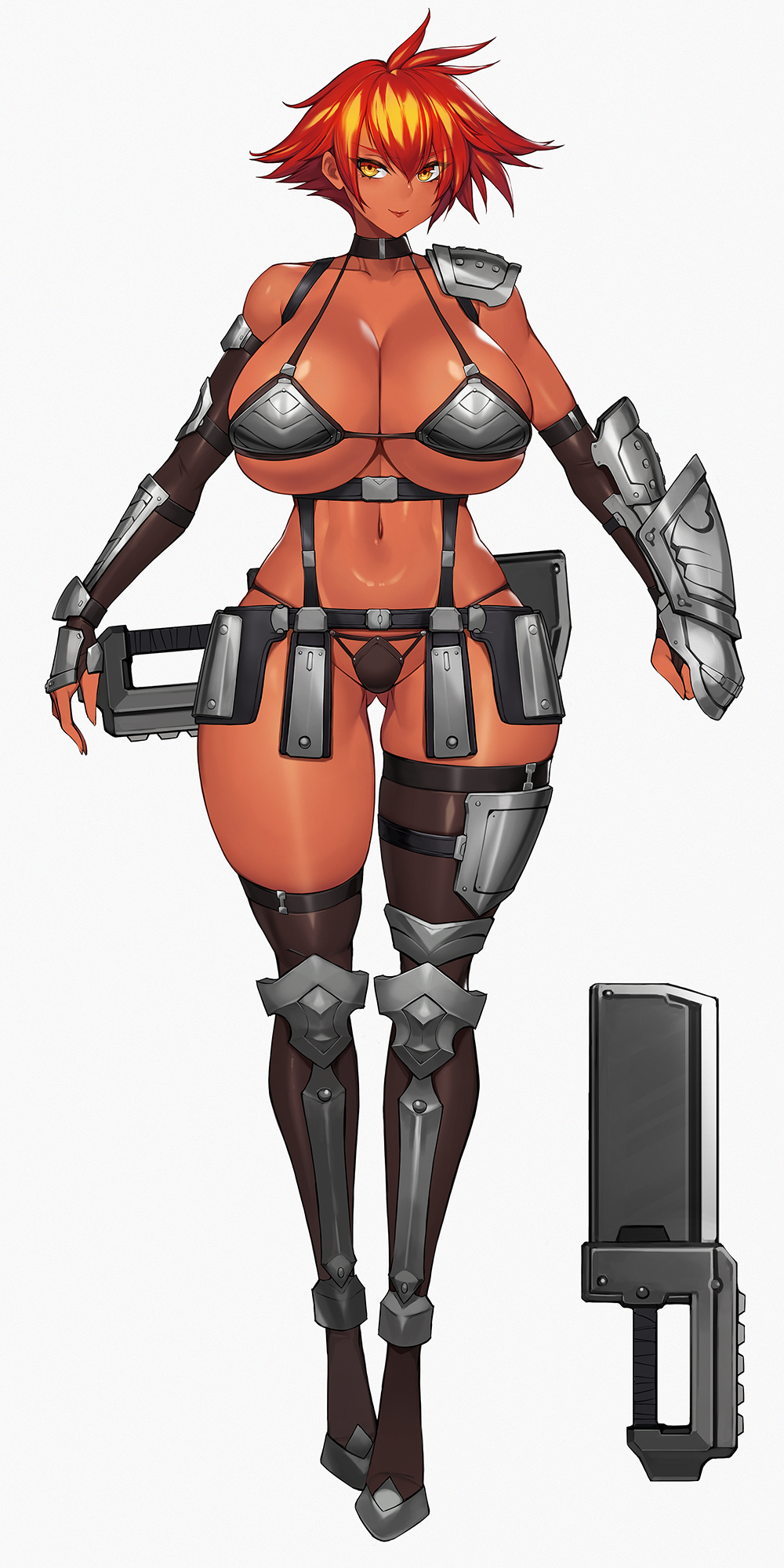 armor bikini_armor breasts choker cleavage dark-skinned_female dark_skin female female_only gurimjang huge_breasts original original_character red_hair revealing_clothes short_hair skimpy_clothes weapon white_background yellow_eyes