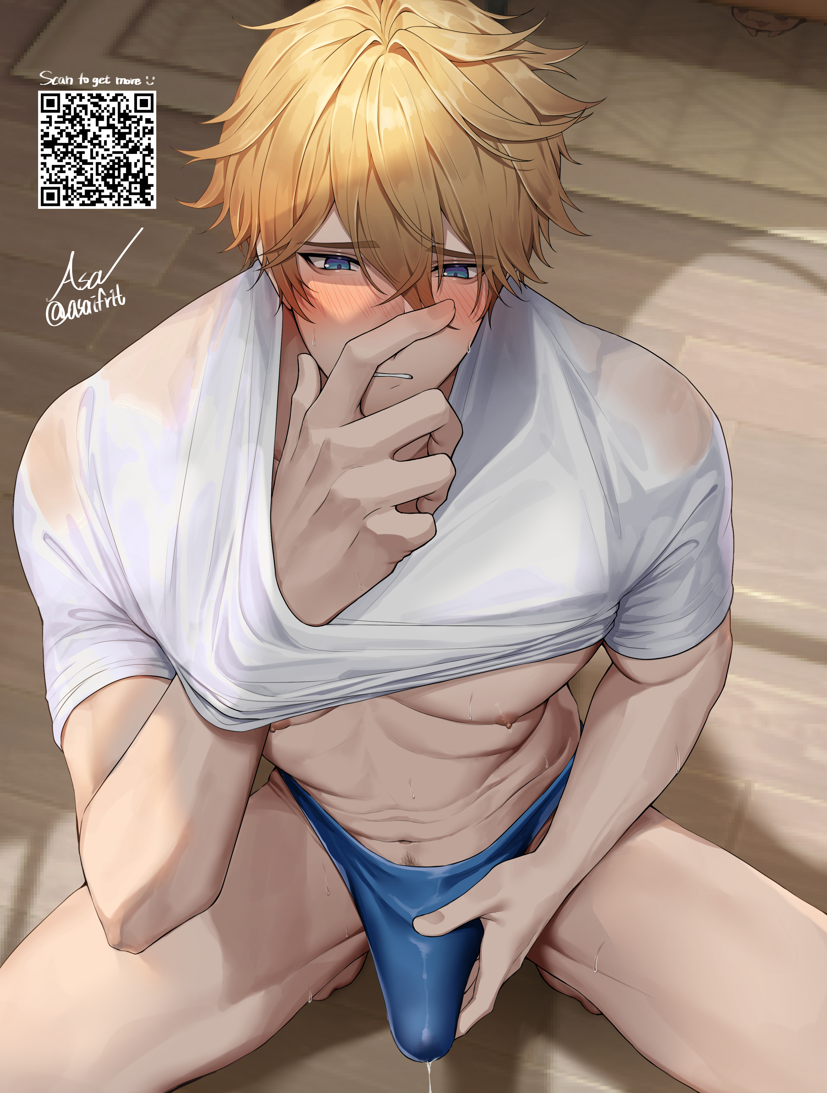 1boy, abs, asaifrit, blonde hair, blush, boner, bulge, gepard (honkai: star rail), honkai: star rail, male, male only, masturbation, morning wood, muscular, muscular male, precum, precum drip, pubic hair, shirt lift, squatting, underwear