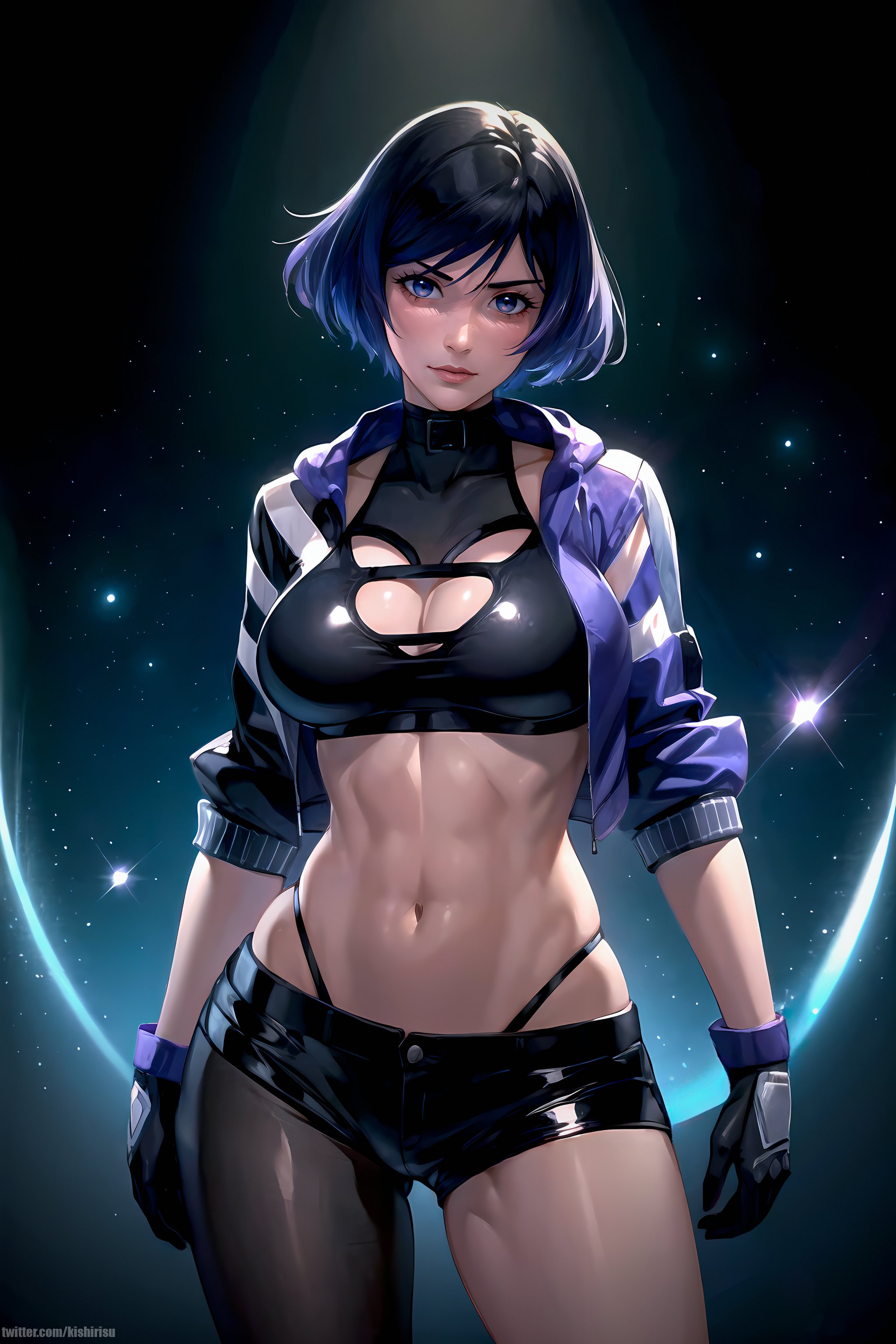 1girls, abs, ai generated, asian female, athletic, athletic female, big breasts, breasts, cleavage, female, female abs, female only, fit, fit female, namco, reina mishima, short shorts, tekken, tekken 8