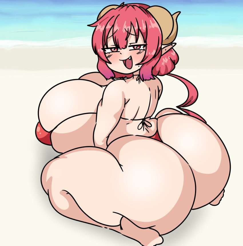 1girl 1girls big_ass big_breasts female female_focus female_only horn horns huge_ass huge_breasts ilulu_(dragon_maid) inakotho large_ass looking_at_viewer looking_back red_hair shortstack tagme