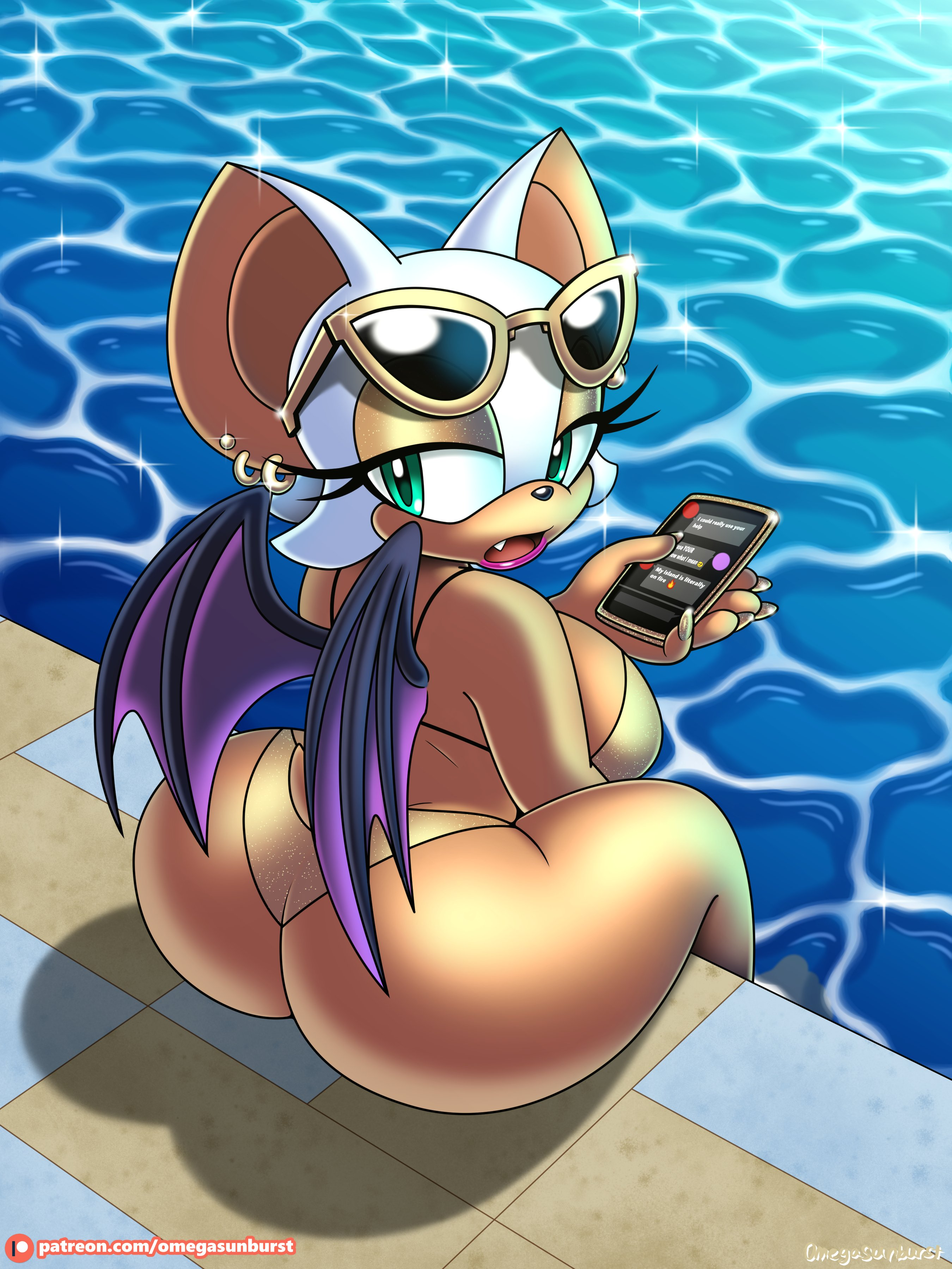 1girls, anthro, ass, ass focus, ass too big, ass window, backboob, barely contained, barely contained ass, barely fits, big ass, big ass (female), big breasts, big butt, breasts, female, female only, huge ass (female), looking back, omegasunburst, phone, pool, poolside, rouge the bat, sega, sideass, solo, sonic (series), sonic the hedgehog (series), tight bikini, tight swimsuit, tight swimwear, water