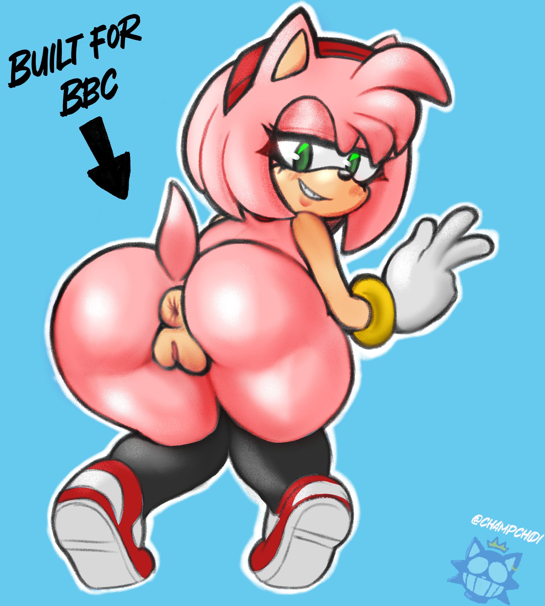 amy rose, anus, ass, ass focus, big ass, big butt, butt focus, champchidi, female, giant ass, humanoid, kneehighs, kneesocks, large ass, looking at viewer, looking back, no humans, non-human, non-human only, peace sign, pussy, sega, self upload, smug, smug face, smug grin, sneakers, sonic (series), sonic the hedgehog (series), vagina
