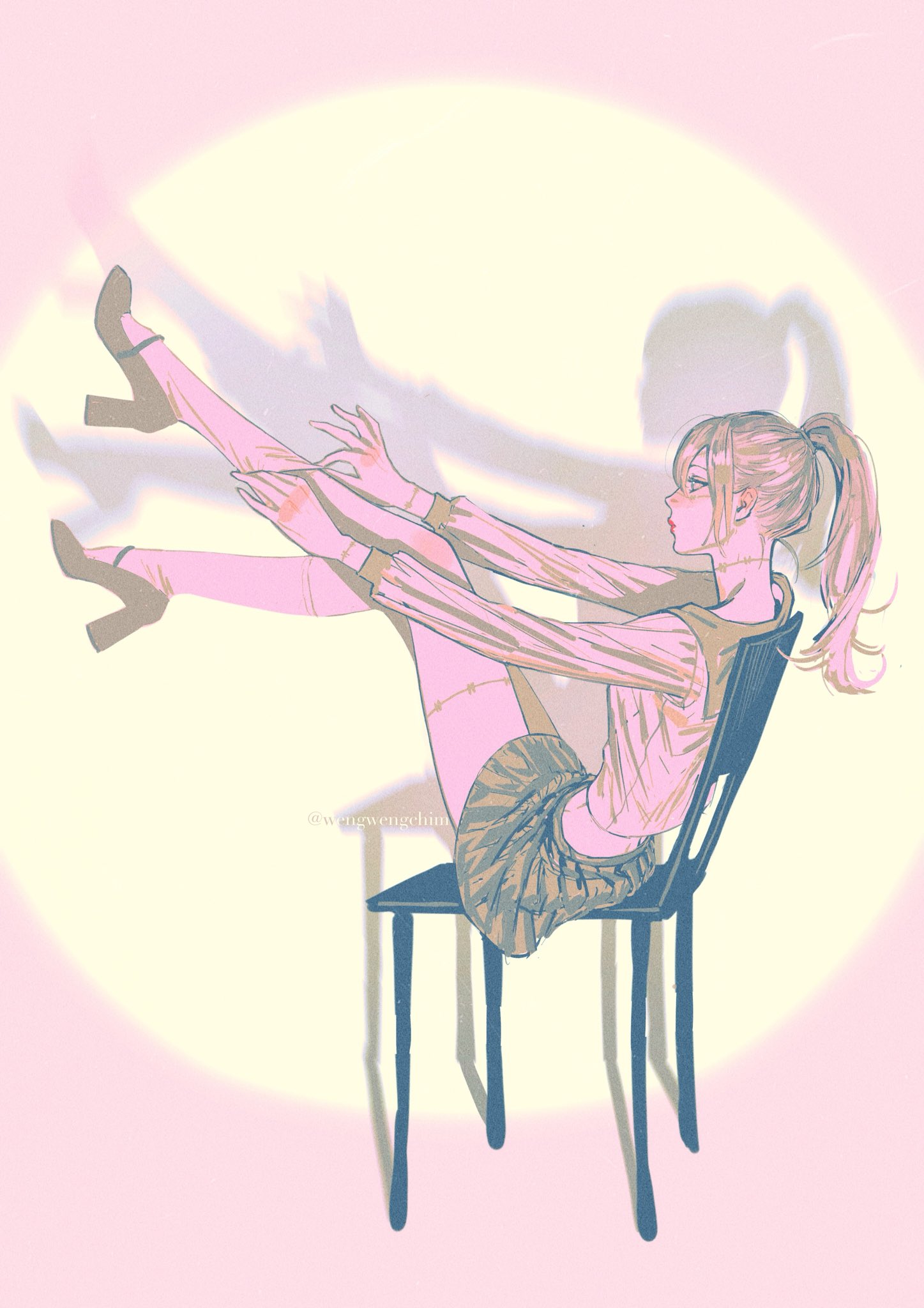 chair, female, genderswap, genderswap (mtf), high heels, highres, jujutsu kaisen, legs, long hair, long legs, mahito (jujutsu kaisen), ponytail, rule 63, school uniform, serafuku, shadow, sitting, skirt, solo, spotlight, stiches, wengwengchim, white shirt, white socks