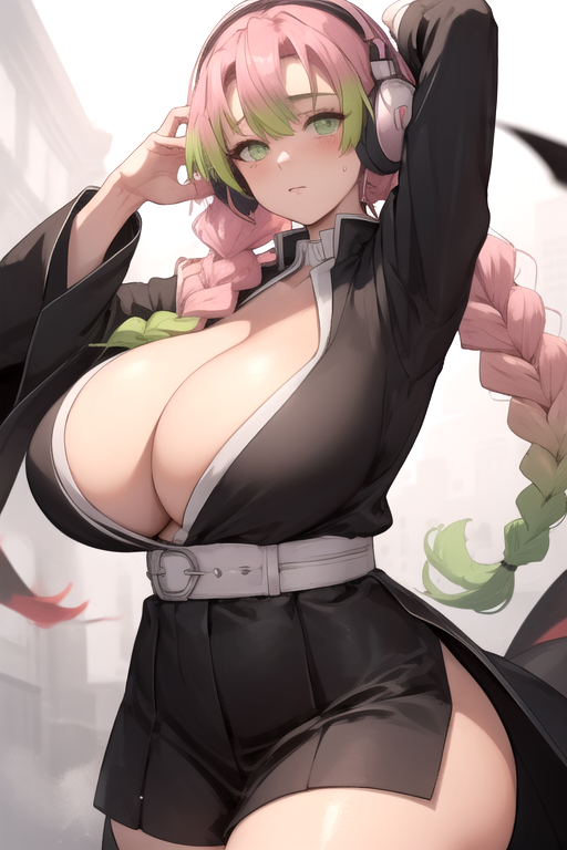 1girls ai_generated big_breasts blush braid breasts busty cleavage demon_slayer female female_focus female_only green_eyes green_hair headphones huge_breasts kanroji_mitsuri kimetsu_no_yaiba large_breasts legs massive_breasts miniskirt mole_under_eye multicolored_hair pink_hair skirt solo solo_female the_way_(artist) thick_thighs thighs thin_waist two_tone_hair uniform voluptuous voluptuous_female wide_hips