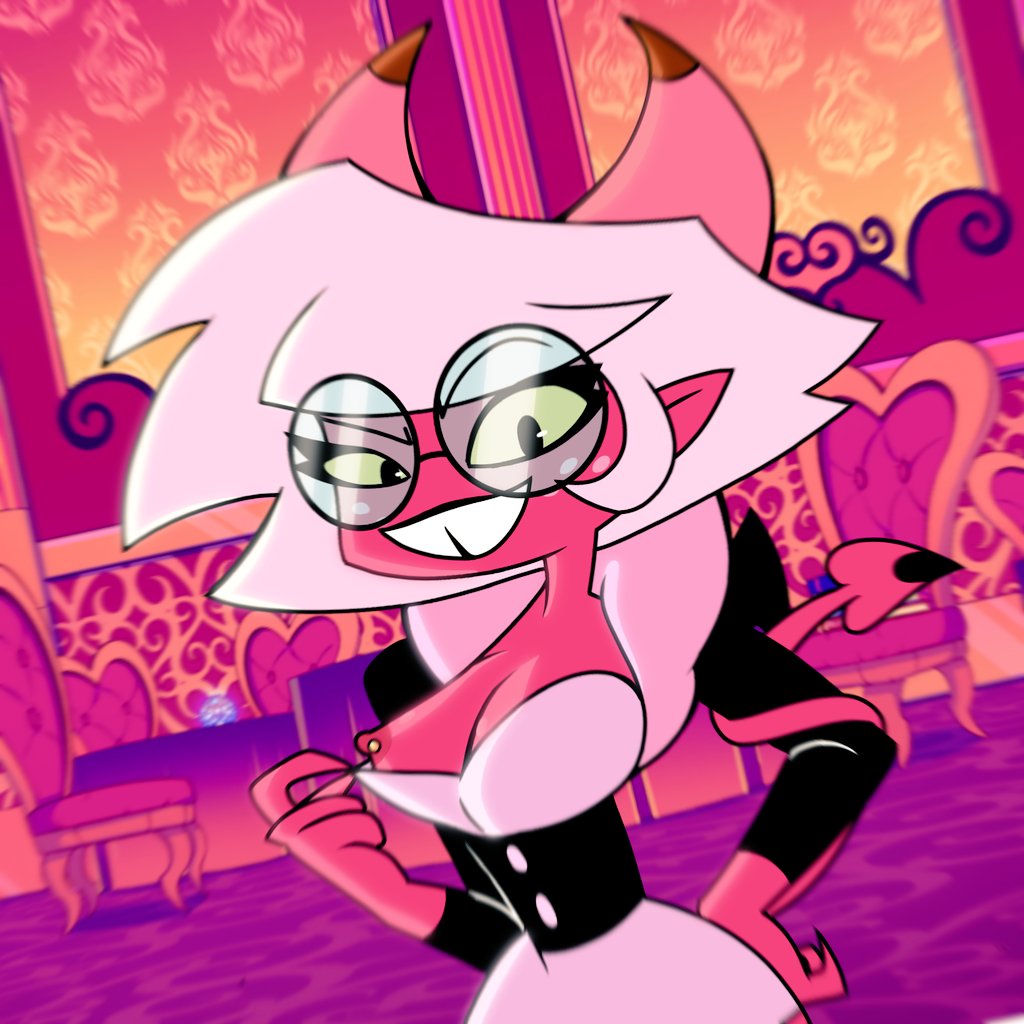 1:1 asmodeus'_assistant breasts clothed clothing demon demon_humanoid detailed_background eyewear female glasses hair helluva_boss horn humanoid nipple_piercing nipples open_mouth open_smile partially_clothed piercing pink_body pink_hair simp_tale smile solo succubus tail teeth thick_thighs