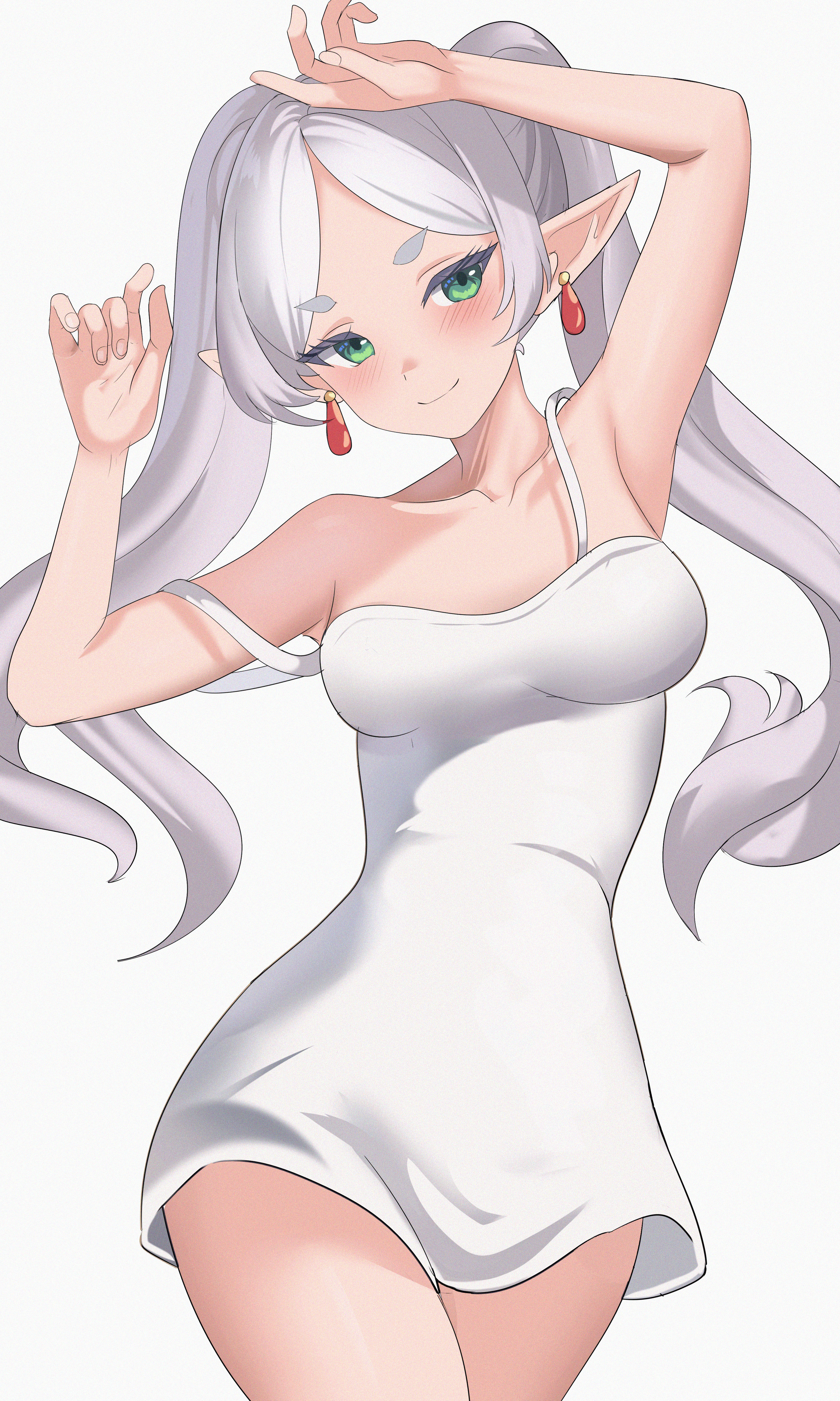 1girls, blush, breasts, clothing, dress, ear piercing, earrings, elf ears, female, female only, frieren, green eyes, hair, hips, medium breasts, moevanillalatte, pointy ears, short dress, smile, solo, solo female, sousou no frieren, thighs, twintails, white dress, white hair