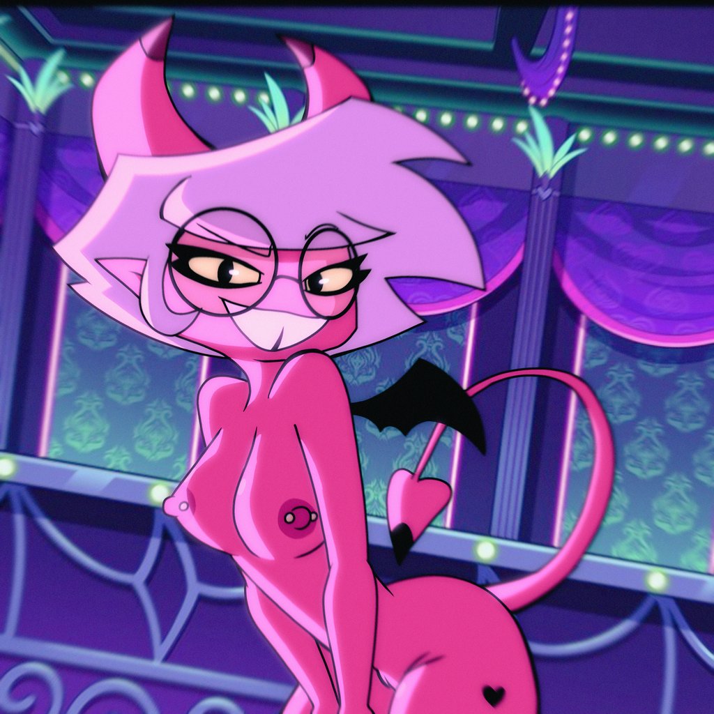 1:1 areola asmodeus'_assistant background_character big_breasts breasts demon demon_girl demon_horns demon_humanoid demon_tail demon_wings detailed_background eyewear female genitals glasses hair helluva_boss horn humanoid nipples not_furry nude open_mouth open_smile pink_body pussy simp_tale smile solo succubus tail teeth thick_thighs white_hair