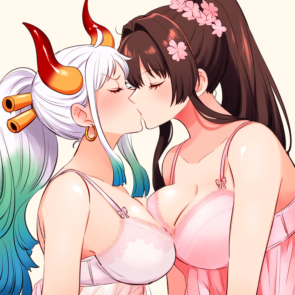 2girls, ai generated, big breasts, breasts, brown hair, crossover, female, female only, green hair, horn, horns, kantai collection, kissing, large breasts, name connection, one piece, two-tone hair, white hair, yamato (kantai collection), yamato (one piece), yuri