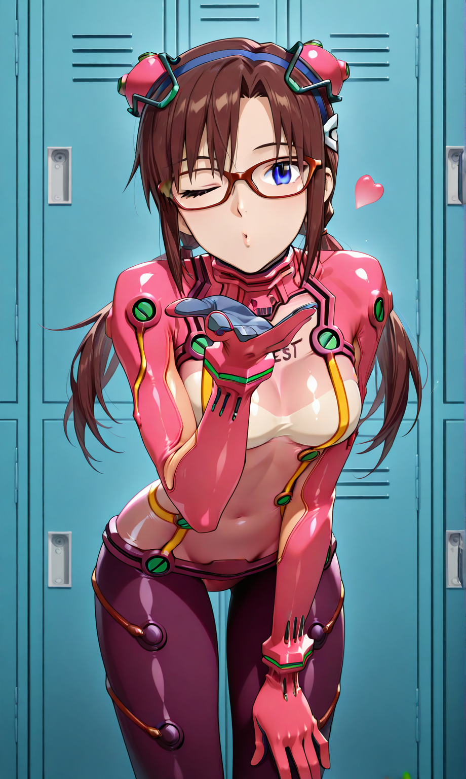 ai_generated alternate_costume arm_up blowing_kiss blue_eyes bodysuit bra breasts brown_hair collar collared_bodysuit eyewear female glasses hand_on_hip hand_on_thigh heart heart_symbol latex latex_bodysuit latex_clothing latex_suit leaning_forward long_hair mari_illustrious_makinami navel navel_visible_through_clothes neon_genesis_evangelion one_eye_closed open_mouth parted_bangs pink_bodysuit pink_latex plugsuit purple_bodysuit purple_latex red_frame_glasses red_glasses see-through see-through_bodysuit see-through_clothing skintight skintight_bodysuit skintight_clothing standing test_plugsuit tied_hair translucent_clothing twintails winking winking_at_viewer wrist_cuffs