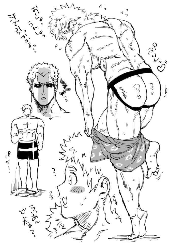 2boys ? ass bara big_ass bubble_butt butt_crack full_body gay japanese_text jockstrap kengan_(series) kengan_ashura kure_raian looking_back mullet muscular muscular_back muscular_male pixiv_id_10482186 rihito smile surprised sweat underwear undressing yaoi