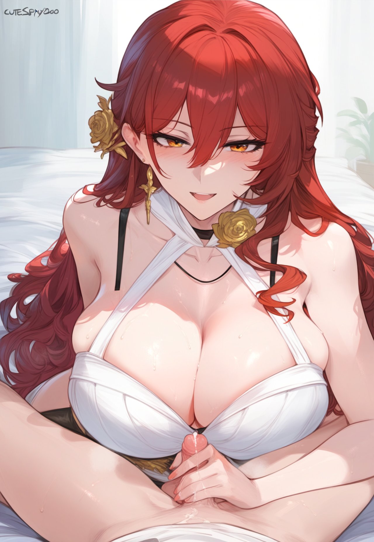 1boy 1girls ai_generated bangs bare_shoulders bed blush bra breasts choker clavicle cleavage clothing curvaceous curvaceous_female curvaceous_figure curvy curvy_figure dress earrings erection female female_focus flower hair_between_eyes hair_flower hair_ornament himeko_(honkai:_star_rail) honkai:_star_rail huge_breasts hydrolis999 indoors jewelry large_breasts long_hair looking_at_viewer lying male nipples on_bed open_mouth orange_eyes penis pillow red_hair sex sidelocks sitting small_penis smile solo_focus spread_legs straight sweat thighs underwear voluptuous voluptuous_female white_dress yellow_eyes yellow_flower