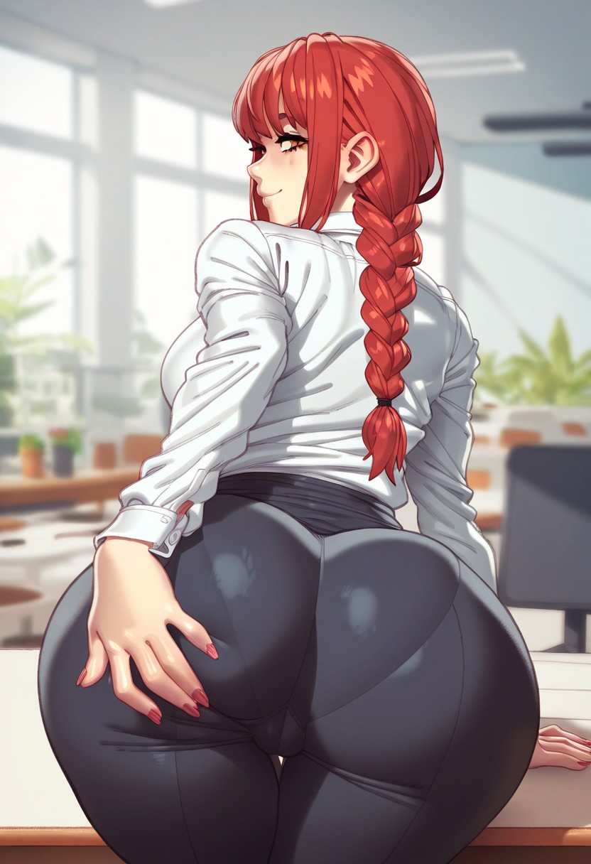 1girls, ai generated, ass, cameltoe, chainsaw man, female, grabbing own ass, huge ass, looking back, makima (chainsaw man), nails, pussy, red hair, smile, window, yellow eyes