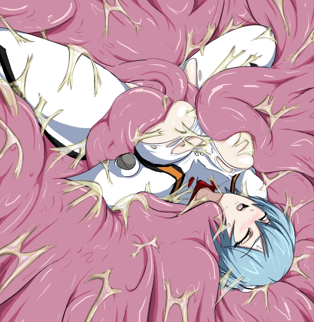 bhm_(artist) blue_hair blush clothing eaten_then_fucked female flesh_prison flesh_wall large_breasts neon_genesis_evangelion rape rei_ayanami restrained tentacle this_is_your_life_now torn_clothes vore