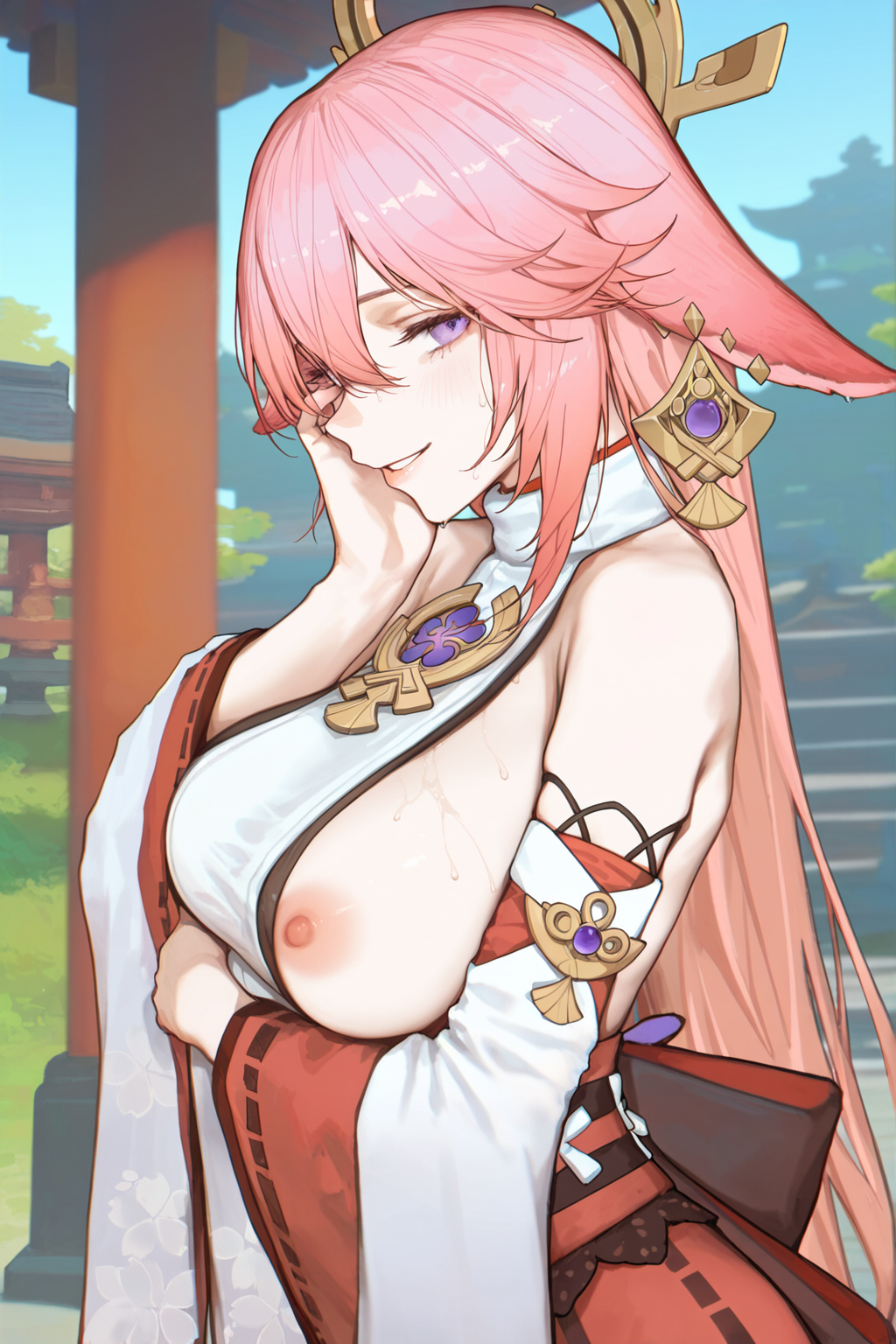 1girls ai_generated animal_ears animal_humanoid anthro fox fox_ears fox_girl genshin_impact large_breasts looking_at_viewer milf nipples one_breast_out pink_hair purple_eyes shrine_maiden sideboob smile solo sweat teasing yae_miko