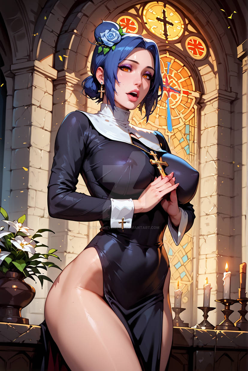 ai_generated akatsuki_(naruto) big_breasts blue_hair church konan mature mature_female milf naruto naruto_(series) naruto_shippuden naughtygirlsai nun nun_hat nun_outfit short_hair temple yellow_eyes