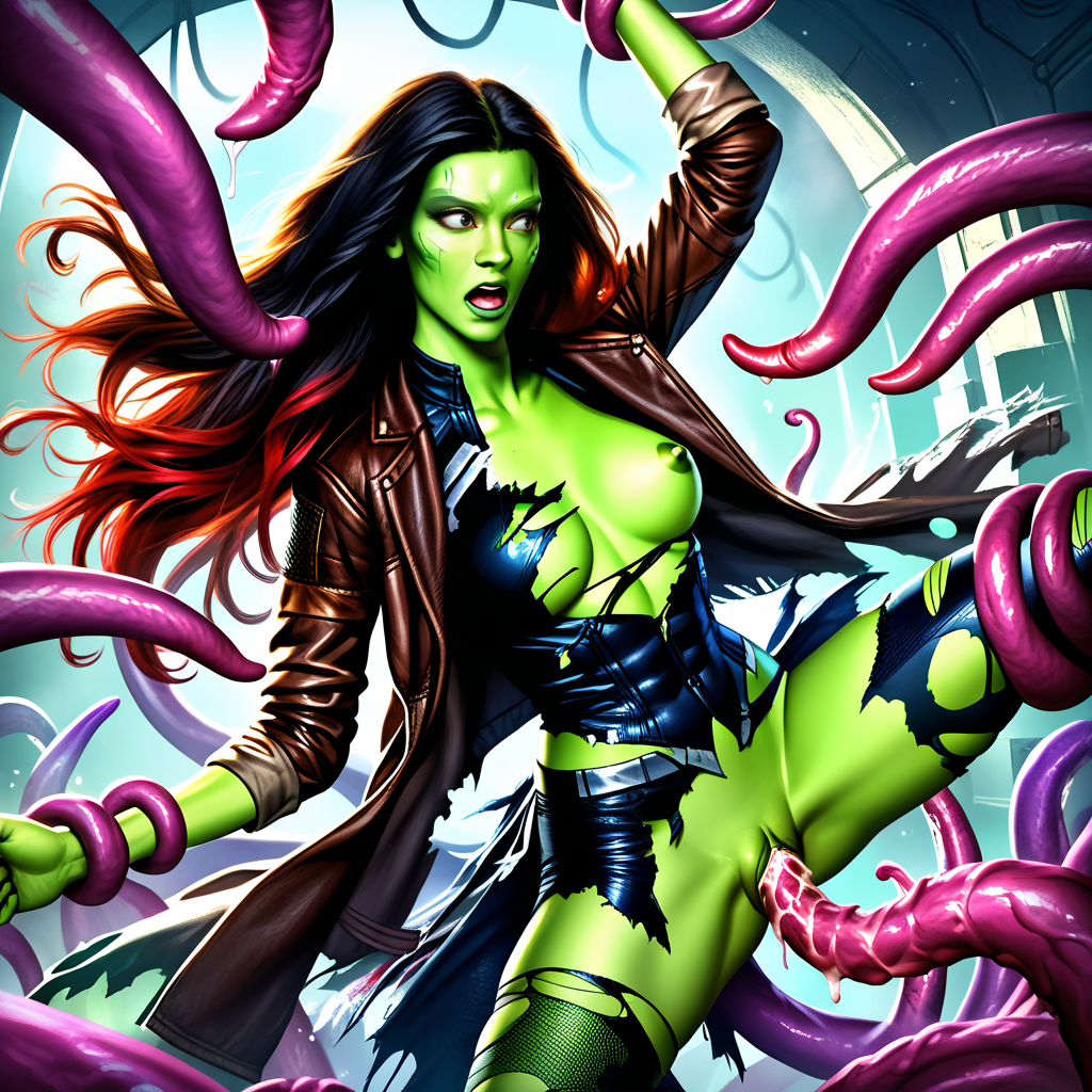 1girls ai_generated alien alien_girl breasts dark_hair exposed_breasts female female_focus female_only gamora green_skin guardians_of_the_galaxy jacket marvel marvel_cinematic_universe nipples no_bra no_panties open_mouth pussy red_hair restrained_by_tentacles ripped_clothing tentacle tentacle_in_pussy tentacle_penetration tentacle_sex torn_clothes torn_clothing torn_pants torn_shirt vagina vaginal_penetration