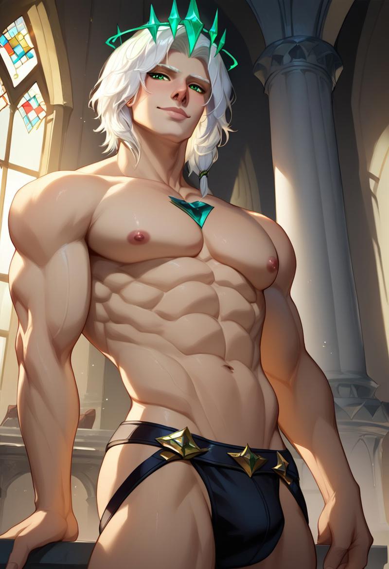 abs ai_generated biceps blush gay green_eyes halo jockstrap jockstrap_only league_of_legends looking_at_viewer male male_only muscular muscular_male nude_male smile toned_body toned_male twall97 viego_(league_of_legends) white_background