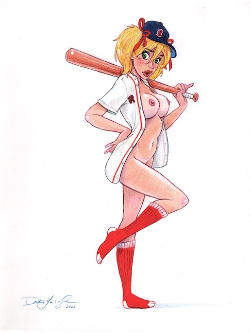 baseball_bat baseball_cap baseball_jersey blonde_hair breasts dean_yeagle mandy_(dean_yeagle) mostly_nude nipples partially_clothed red_socks twintails unbuttoned_shirt