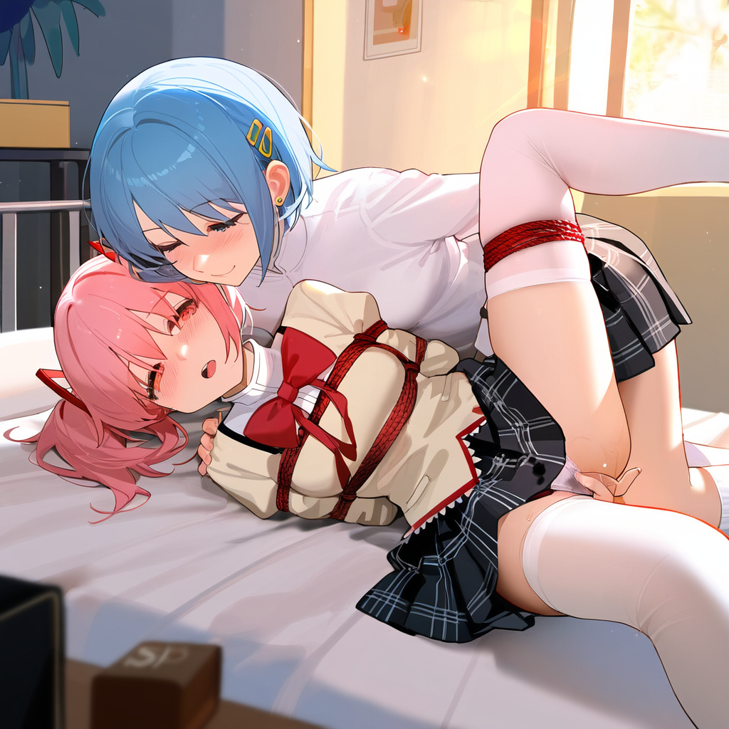 2girls ai_generated arms_behind_back bdsm bed black_skirt bondage bound bow clothed_sex day ear_piercing fingering fingers fingers_in_pussy hair_ribbon hairclip hand_on_another's_shoulder high_collar leaning_forward legs legs_up lesbian_sex lying madoka_kaname mahou_shoujo_madoka_magica miki_sayaka multiple_girls puella_magi_madoka_magica school_uniform short_hair sunlight tied tied_up twintails yuri