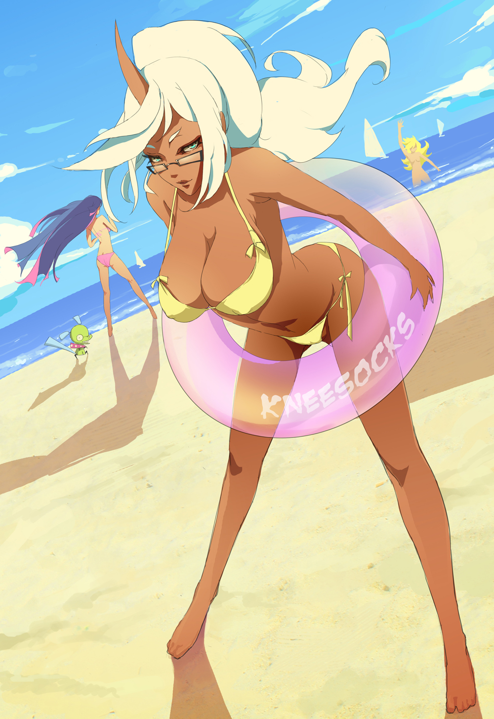 artist request, ass, ass cleavage, ass crack, beach, bikini, blue hair, breasts, butt crack, chuck (psg), cleavage, demon, demon girl, female, glasses, green eyes, highres, horn, kneesocks daemon, large breasts, panty & stocking with garterbelt, panty anarchy, stocking anarchy, swimsuit