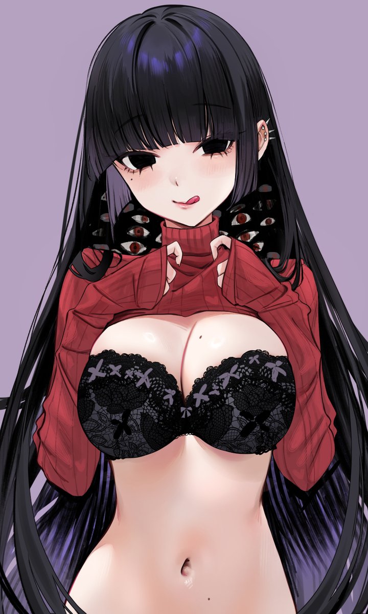 1girls beliath_(ompf) belly_button black_bra black_eyes black_hair blush bra breasts cleavage eyebrows_visible_through_hair female female_only huge_breasts inviting licking_lips light-skinned_female light_skin looking_at_viewer monster_girl multiple_eyes ompf original red_sweater seductive solo sweater sweater_lift