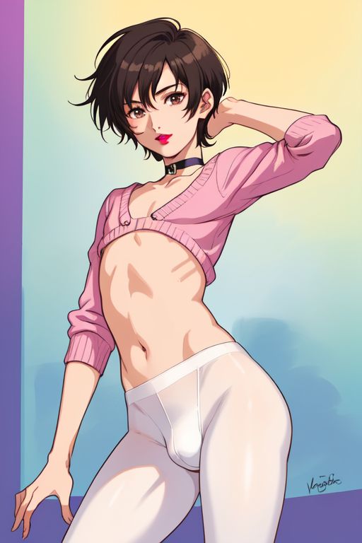 1boy 1femboy afroking ai_generated anime anime_style brown_hair brunette_hair bulge choker crop_top crossdressing cute cute_face dark_hair exposed_torso femboy feminine_male gay lipstick makeup male male_only medium_hair messy_hair pale-skinned_male pale_skin pantyhose red_lipstick sissy skinny skinny_male solo teenager textless twink white_body white_pantyhose white_skin yaoi