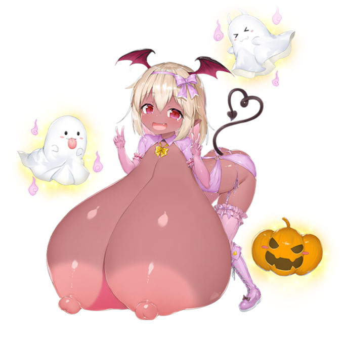 :3 :p alpha_channel areolae bat_wings blonde_hair blush boots bouquet breast_focus breasts breasts_bigger_than_body candy_cane chibi collar cute cute_face cute_fang cute_fangs dark-skinned_female demon_girl demon_tail evil_eyes evil_face fangs ghost ghost_sheet gigantic_areola gigantic_breasts hair_ornament hairband hand_gesture head_wings heavy_breasts hyper hyper_breasts immobilizing_anatomy lace-up_boots lady_luluna long_boots long_tail midnight_girls_r nipples official_art open_mouth petite petite_body petite_female pink_clothing png prehensile_tail pumpkin rosy_cheeks small_but_busty small_wings spade_tail sticking_out_tongue succubus succubus_tail tail tareme transparent_background v_sign yellow_eyes