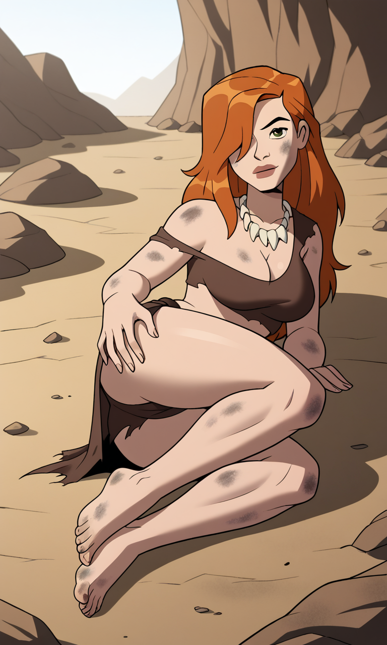 ai_generated barefoot ben_10 ben_10_ultimate_alien bigmic145 bone_necklace breasts cavewoman cleavage dirty dirty_feet feet female female_focus female_only ginger ginger_hair gwen_tennyson gwen_tennyson_(alien_force) gwen_tennyson_(ultimate_alien) hair_over_one_eye jurassic loincloth long_hair medium_breasts orange_hair ripped_clothing single_bare_shoulder