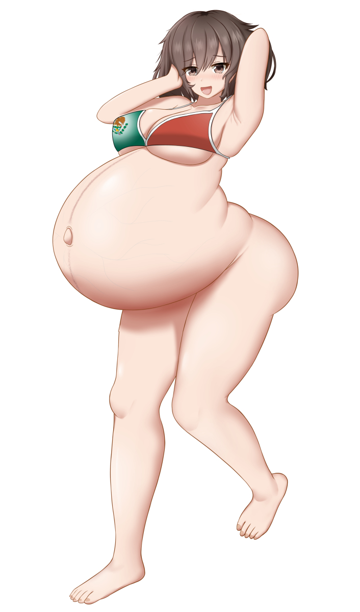 1girls akiyama_yukari armpits arms_up belly bikini_top bloated_belly blush bottomless brown_eyes brown_hair girls_und_panzer hyper_belly hyper_pregnancy lernana_6 light-skinned_female light_skin mexican_flag_bikini pregnant pregnant_belly pregnant_female solo veiny_belly white_background