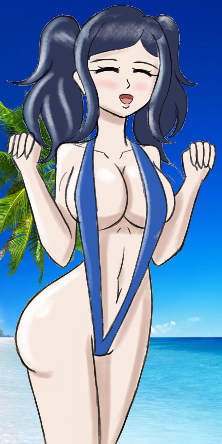 ass bare_arms bare_midriff bare_shoulders bare_thighs beach big_ass big_sister blue_hair blue_one-piece_swimsuit blue_swimsuit breasts cleavage closed_eyes collarbone cynthia_(fire_emblem) exhibitionism female female_only fire_emblem fire_emblem_awakening happy hen_nerd incestuous_temptation large_breasts long_hair medium_hair midriff nearly_naked nearly_nude nintendo ocean one-piece_swimsuit onee-chan open_mouth outdoors palm_tree revealing_clothes sand shoulders sideboob slingshot_swimsuit smile solo swimsuit thighs twintails very_long_hair