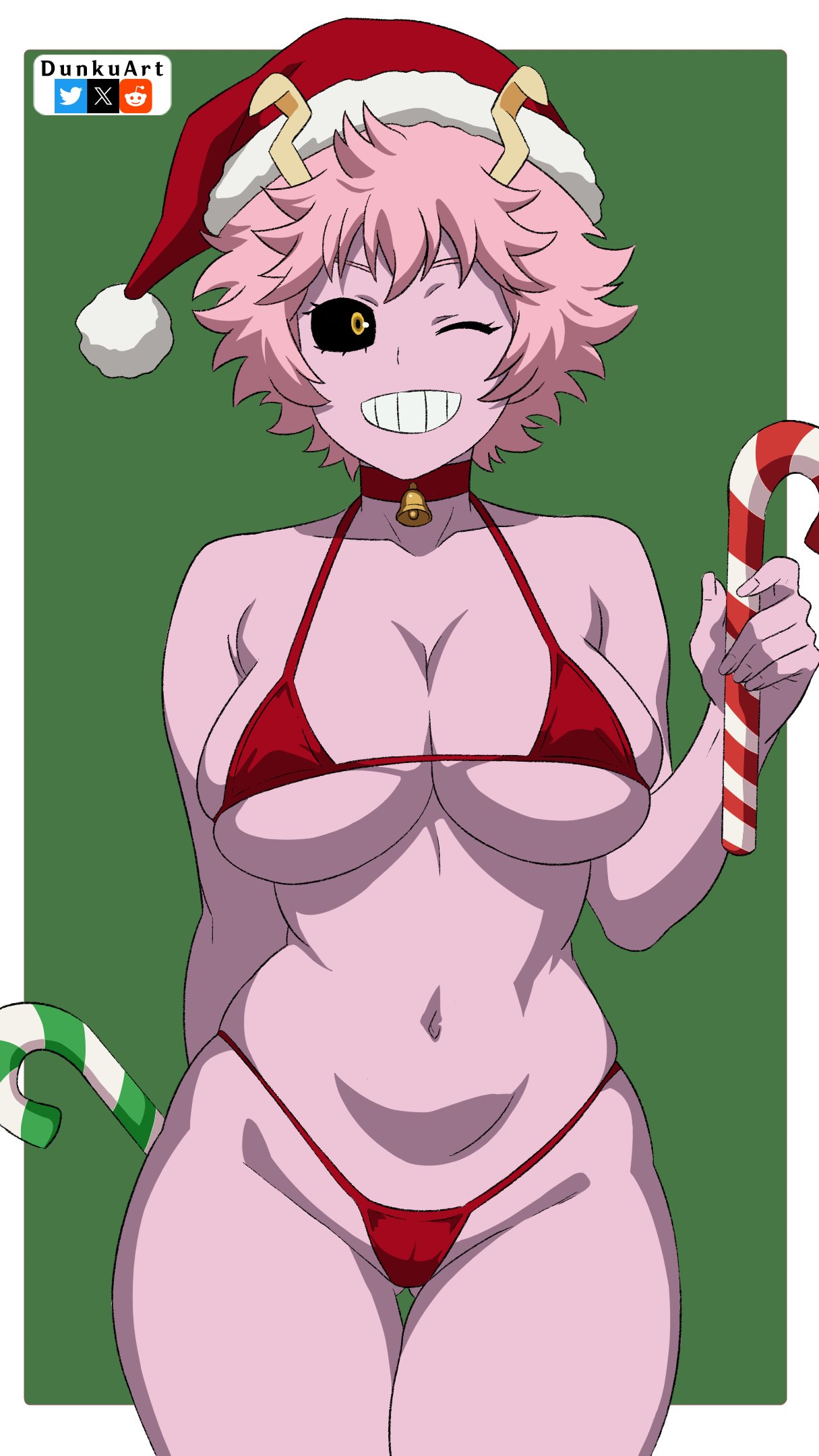 1girls bell big_breasts bikini black_sclera breasts cameltoe candy choker christmas cleavage clothing dunkuart female female_only grin hat hi_res horns mina_ashido my_hero_academia pink_hair pink_skin red_bikini santa_hat short_hair sideboob simple_background skindentation smile solo teeth underboob wink yellow_eyes