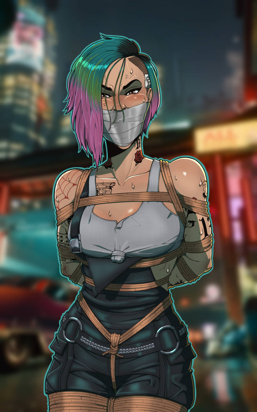 2d 2d_(artwork) bondage bondage bound cd_projekt_red cyberpunk_2077 female female_focus female_only gag human human_only judy_alvarez rope rope_bondage skelebomb solo solo_female solo_focus