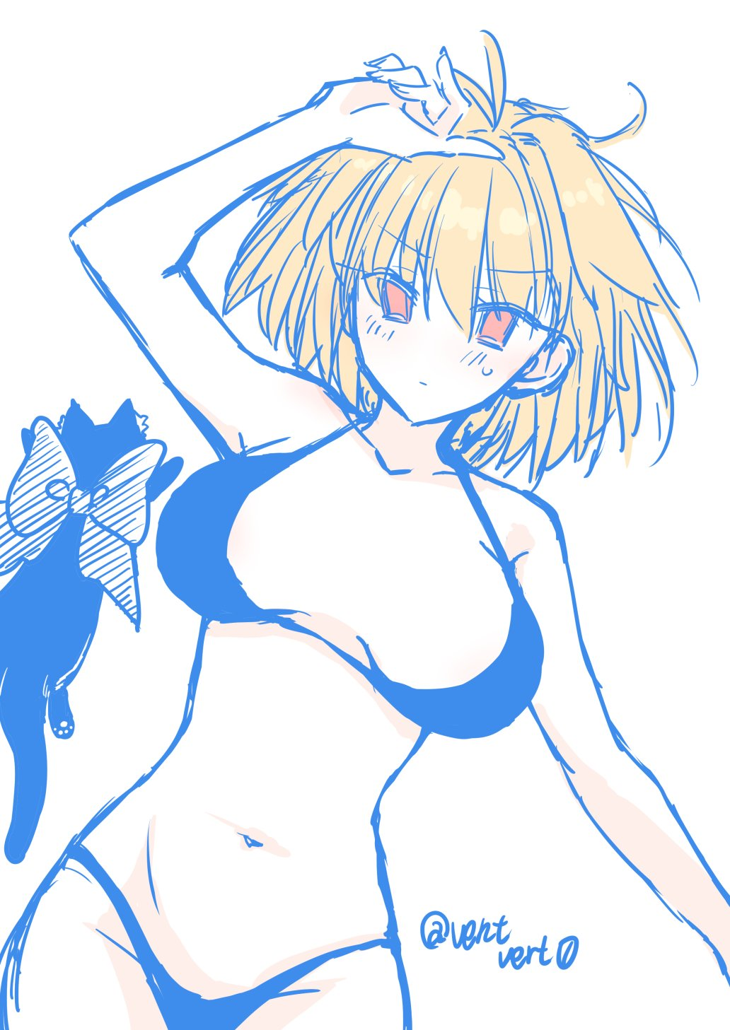 2girls ahoge arcueid_brunestud big_breasts bikini bikini_bottom bikini_top black_swimsuit blonde_hair cat_ears feline huge_breasts large_breasts len_(tsukihime) looking_at_viewer melty_blood red_eyes resting swimsuit tsukihime tummy type-moon ventvert0