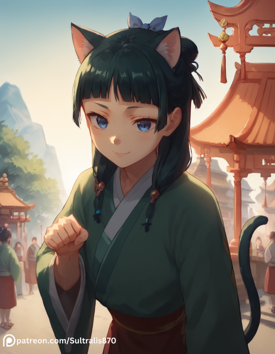 1boy 1girls ai_generated armpits breasts cat_tail catgirl clothed_female clothed_male clothed_sex female green_hair japanese_clothes kusuriya_no_hitorigoto maomao_(kusuriya_no_hitorigoto) open_clothes purring sultralis tagme