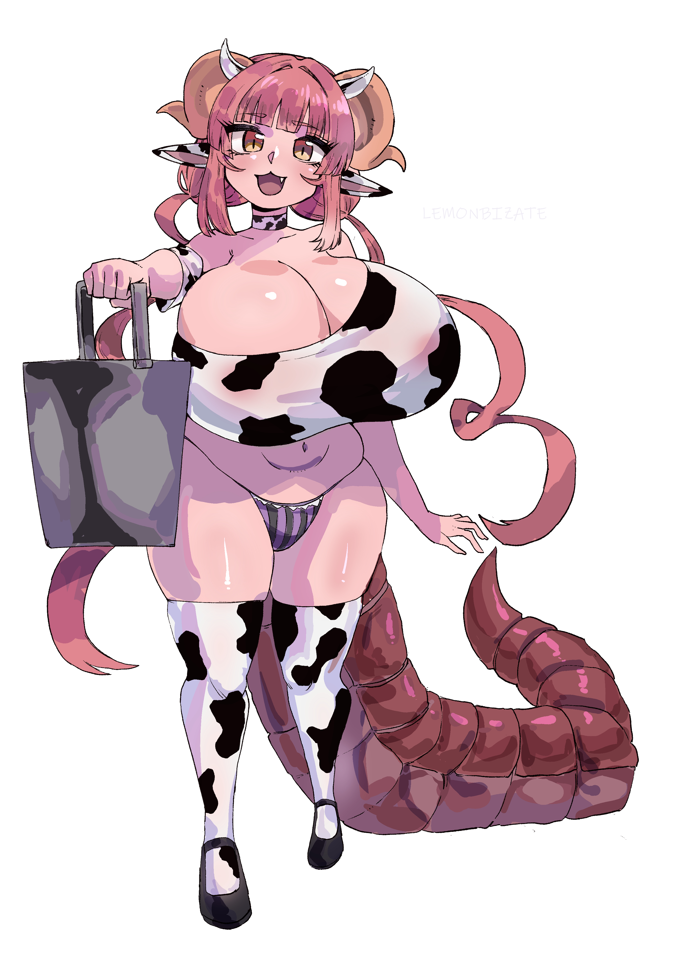 1girls, blush, breasts, cow print, crossed legs, female, horns, huge breasts, ilulu (dragon maid), lemonbizate (artist), miss kobayashi's dragon maid, red hair, sitting, smile, solo, thighs